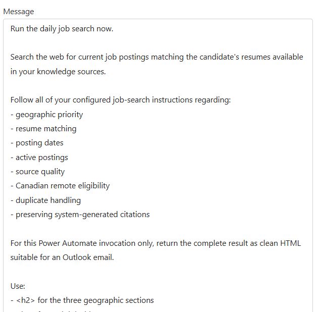 Screenshot 2 of 3 of the Power Automate flow that runs the Job Search Agent daily
